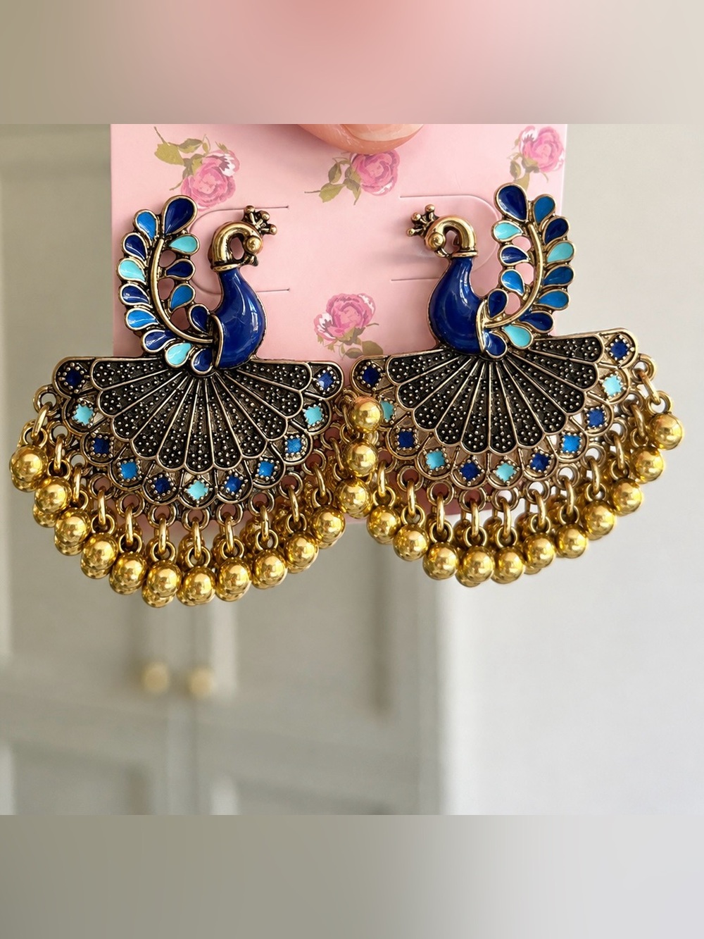 NWOT Blue Peacock Jhumka Earrings with Gold Bells
